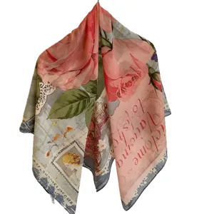 Elegant large floral print square scarf, lightweight thin fabric for spring and summer travel.
