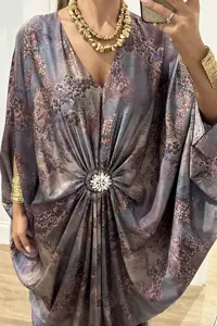 Summer fashion printed maxi dress with batwing sleeves and rhinestone buckle detail for women.