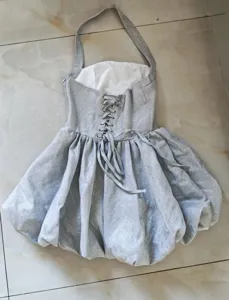 Dettaglio in primo piano dell'abito mini argento scintillante con design a lacci sul retro.