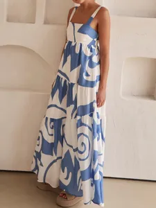 Élégante robe longue camisole imprimée bleu et blanc pour femmes, robe longue sans manches.