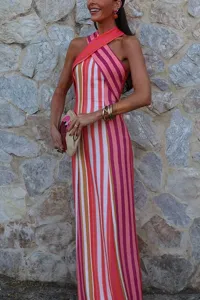 Detailed view of the elegant colorful striped halter neck maxi dress with slim fit design.