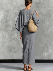 Casual cotton linen two-piece outfit featuring batwing sleeve top and back slit long skirt.