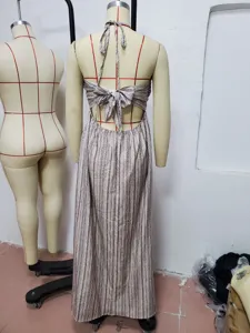 Women's Sexy Backless Halter Maxi Dress Casual Summer Boho Striped Long Dress.