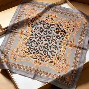 Exquisite baroque chain leopard square silk scarf, elegant French style neck accessory.
