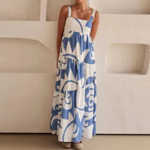 Robe longue à bretelles imprimé bleu et blanc, robe élégante sans manches à étages.
