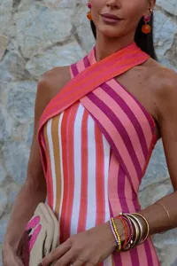 Elegant women summer striped halter sleeveless slim long maxi dress for elegant holiday wear
