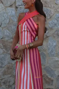 Women summer elegant halter sleeveless slim long striped dress detail view, vibrant colors.