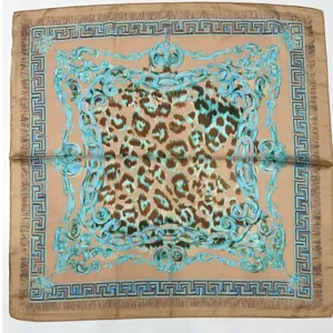 Elegant vintage style square scarf with baroque chain and leopard print design for women.