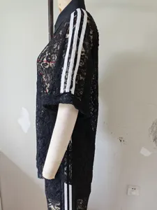 Black lace two-piece set short sleeve shirt and trousers with classic stripes for women.
