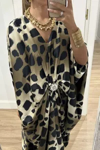 Stylish batwing sleeve leopard print long dress with rhinestone buckle for women summer.