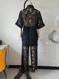 Black lace two piece set women summer short sleeve shirt and long pants casual outfit