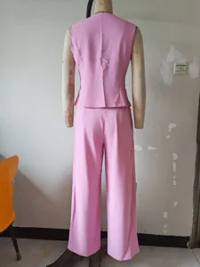 Women solid pink summer sleeveless vest and long trousers two-piece set detail view
