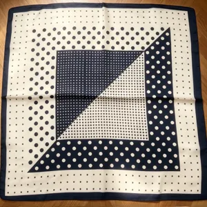 French old money style square silk scarf, classic navy blue and white polka dot design, 70cm.