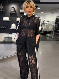 Women Lace Top And Bottom Short Sleeve Shirt And Long Pants Casual Elegant Solid Color Female Outfit
