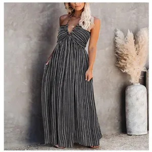 Women boho black white striped halter maxi dress with pockets casual long sundress summer