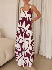Femme été sans manches imprimé abstrait robe longue étagée bohème plage robe maxi.