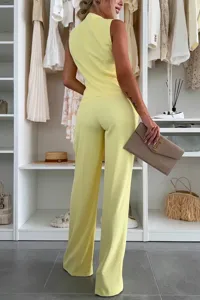 Solid color summer office vest and long pants set, detailed back view showing elegant fit.