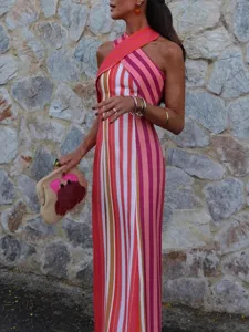 Summer elegant women cross halter sleeveless slim long striped dress main view style.