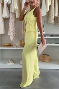 Detailed view of the elegant summer sleeveless button vest and wide leg trousers set.