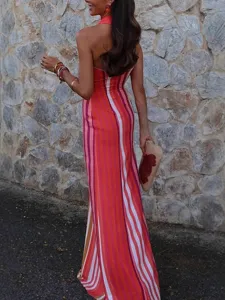 Women summer elegant halter sleeveless slim fit long striped dress fashion apparel main view