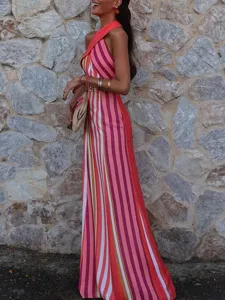 Summer elegant women cross halter sleeveless slim long striped dress for fashion daily wear.