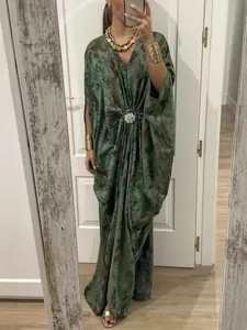 Women's Casual Batwing Sleeve Maxi Dress V-Neck Floral Animal Print Long Dress With Rhinestone Brooch