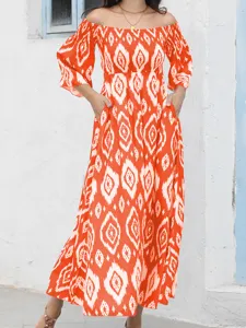 Vestido largo estampado naranja hombros descubiertos mujer casual elegante con bolsillos
