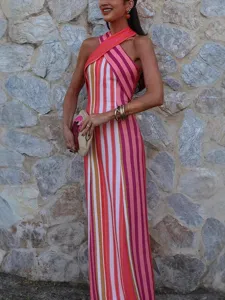 Women summer elegant cross halter sleeveless slim long striped dress fashion style