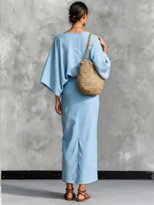 Details of the light blue batwing top and long skirt matching set, elegant casual look.