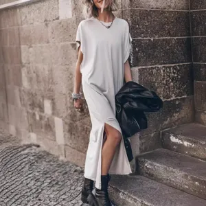 Casual maxi φόρεμα με στρογγυλό λαιμό και σχισμή, κοντό μανίκι, στιλάτο γυναικείο φόρεμα.