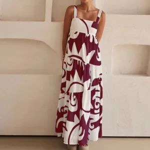 Robe Longue d'Été pour Femme Imprimée Bretelles Élégante Décontractée Col Carré Maxi