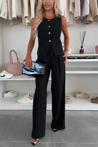 Summer office sleeveless vest and wide leg pants suit, black two piece set with metal buttons.