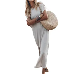 Casual maxi φόρεμα με στρογγυλό λαιμό και κοντά μανίκια με σκίσιμο για γυναίκες καλοκαίρι.