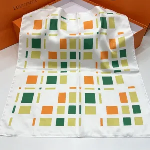French old money style square silk scarf with vibrant geometric block prints for women neck wear.