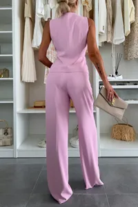 Summer pink sleeveless vest and wide leg pants suit set for women office wear outfit details.