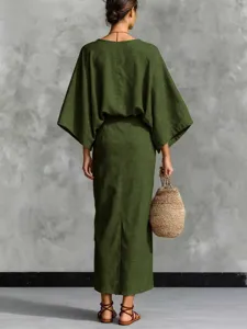 Green cotton linen batwing top long skirt set casual elegant two piece outfit for women