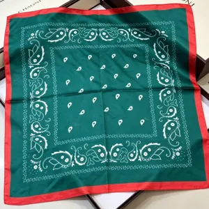 French vintage style green red silk square scarf, elegant paisley neck wrap accessory.