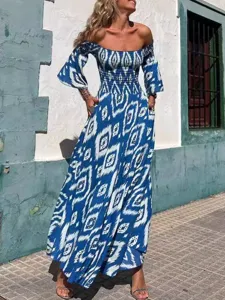 Vestido Maxi de Hombros Descubiertos para Mujer Verano Casual Estampado Geométrico Nido de Abeja Manga Acampanada Vestido Largo