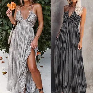 Women's Casual Sleeveless V-Neck Maxi Dress European American Style Printed Striped Bandage Pocket Long Dress