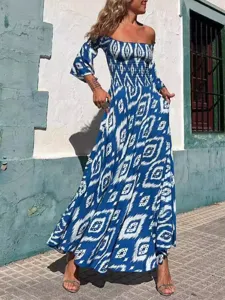 Mujer Vestido largo azul estampado hombros descubiertos manga larga verano playa