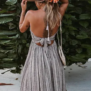 Women boho striped backless halter maxi dress casual summer beach sleeveless party long dress