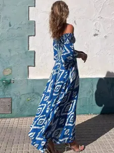 Vestido largo maxi estampado azul con hombros descubiertos mujer manga larga boho verano