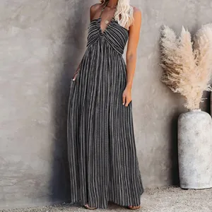 Women Black White Striped Halter Maxi Dress Casual Summer Long Dress with Pockets