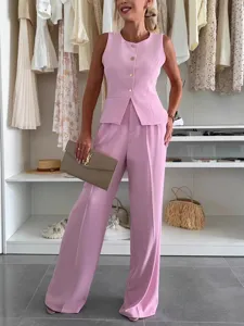 Elegant Women Summer Pink Vest and Wide Leg Trousers Suit Office Two Piece Sets