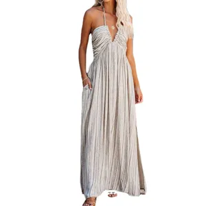 Women's Summer Boho Striped Halter Maxi Dress Deep V Neck Casual Long Dress with Pockets