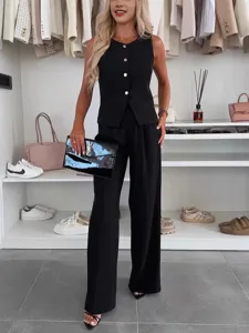 Stylish women summer black vest and wide leg pants set, perfect for office casual wear.