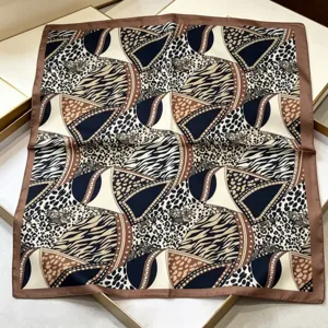 French old money style square silk scarf detail, elegant 70cm imitation silk neck accessory.