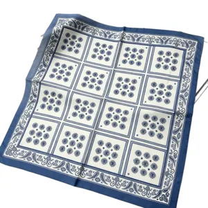 French vintage blue plaid paisley square scarf elegant neckerchief imitation silk accessory