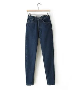 Women's dark blue high-waisted skinny denim jeans, classic casual long trousers for daily wear.