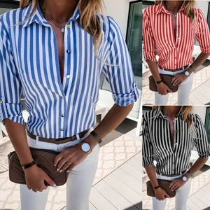 Chemisier Rayé Casual à Manches Longues et Col Revers pour Femme Coupe Slim Bureau